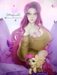 Size: 1280x1685 | Tagged: suggestive, artist:drakenalia, derpibooru import, fluttershy, human, pegasus, pony, big breasts, boobie mark, breasts, busty fluttershy, cleavage, clothes, deviantart watermark, duo, duo female, female, huge breasts, human ponidox, humanized, image, jpeg, looking at you, mare, obtrusive watermark, off shoulder, off shoulder sweater, self paradox, self ponidox, sweater, sweatershy, watermark
