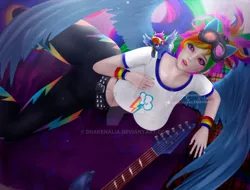 Size: 1280x972 | Tagged: suggestive, artist:drakenalia, derpibooru import, rainbow dash, human, pegasus, pony, belly button, big breasts, breasts, busty rainbow dash, deviantart watermark, duo, duo female, female, goggles on head, guitar, huge breasts, human ponidox, humanized, image, jpeg, looking at you, midriff, musical instrument, obtrusive watermark, self paradox, self ponidox, watermark