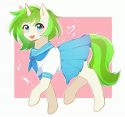 Size: 3200x3000 | Tagged: safe, anonymous artist, derpibooru import, oc, oc:vinyl mix, unofficial characters only, pony, unicorn, abstract background, clothes, female, heart, image, jpeg, looking at you, pleated skirt, sailor uniform, skirt, smiling, solo, uniform
