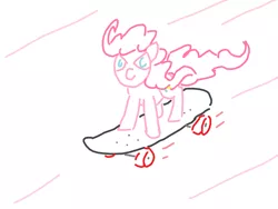 Size: 1200x900 | Tagged: safe, artist:purblehoers, derpibooru import, pinkie pie, earth pony, pony, confident, doodle, fast, female, image, mare, motion lines, ms paint, png, simple background, skateboard, solo, white background, wind, windswept mane