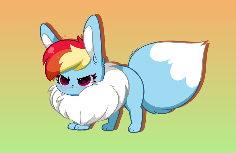 Size: 5856x3784 | Tagged: safe, artist:kittyrosie, derpibooru import, part of a set, rainbow dash, eevee, blushing, chest fluff, cute, cuteness overload, dashabetes, ear fluff, gradient background, image, kittyrosie is trying to murder us, open mouth, open smile, png, pokefied, pokémon, simple background, smiling, species swap, sweet dreams fuel, weapons-grade cute