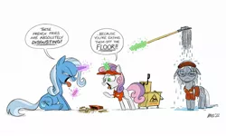 Size: 1200x720 | Tagged: safe, artist:mellodillo, derpibooru import, silver spoon, sweetie belle, trixie, earth pony, pony, unicorn, bucket, clothes, dialogue, eating, fast food, female, filly, foal, food, french fries, frown, image, jpeg, looking at you, mare, mop, silver spoon is unamused, simple background, speech bubble, tongue out, trio, unamused, uniform, wet, wet mane, white background