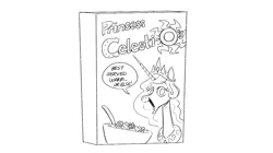 Size: 1016x569 | Tagged: safe, artist:mellodillo, derpibooru import, princess celestia, alicorn, pony, black and white, cereal, cereal box, female, food, grayscale, image, lineart, mare, monochrome, png, simple background, solo, speech bubble, white background