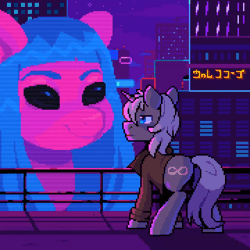 Size: 720x720 | Tagged: safe, artist:hikkage, derpibooru import, oc, unofficial characters only, earth pony, pony, unicorn, animated, black sclera, blade runner, blade runner 2049, city, cityscape, clothes, cyberpunk, female, gif, hologram, image, macro, male, neon, neon sign, night, pixel art