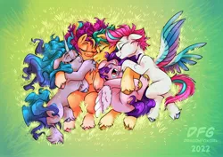 Size: 3496x2480 | Tagged: safe, artist:dragonfoxgirl, derpibooru import, hitch trailblazer, izzy moonbow, pipp petals, sunny starscout, zipp storm, earth pony, pegasus, pony, unicorn, adorapipp, adorazipp, coat markings, cute, drool, eyes closed, female, g5, grass, high res, hitchbetes, image, izzybetes, jpeg, male, mane five (g5), mare, open mouth, quintet, sleeping, socks (coat marking), stallion, sunnybetes, unshorn fetlocks