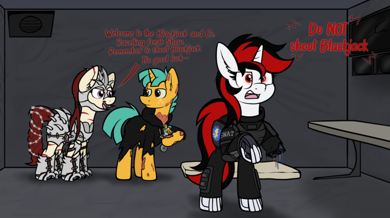 Size: 3296x1842 | Tagged: safe, artist:aaathebap, derpibooru import, snails, oc, oc:blackjack, oc:rampage, cyborg, ghoul, undead, unicorn, fallout equestria, fallout equestria: project horizons, amputee, armor, augmented, cyber legs, cybernetic eyes, fallout, fanfic art, figurine, funny, image, missing limb, necromancer, png, prosthetic leg, prosthetic limb, prosthetics, quadruple amputee, razorwire, swat, text