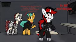 Size: 3296x1842 | Tagged: safe, artist:aaathebap, derpibooru import, snails, oc, oc:blackjack, oc:rampage, ghoul, undead, unicorn, fallout equestria, fallout equestria: project horizons, armor, cyber legs, fallout, fanfic art, figurine, funny, image, missing limb, png, swat, text