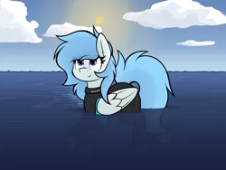 Size: 3000x2250 | Tagged: safe, artist:aaathebap, derpibooru import, oc, oc:coral streak, pegasus, cute, diving suit, image, ocean, png, sky, swimming, water