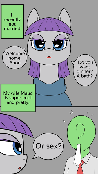 Size: 1080x1915 | Tagged: suggestive, artist:happy harvey, derpibooru import, maud pie, oc, oc:anon, ponified, earth pony, human, pony, clothes, comic, dialogue, drawn on phone, drawthread, gray background, image, looking at each other, looking at someone, married couple, necktie, png, propositioning, simple background, spit take