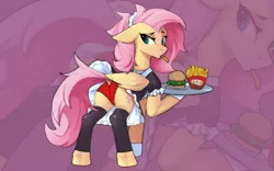 Size: 1865x1165 | Tagged: suggestive, artist:zpdea, derpibooru import, fluttershy, pegasus, pony, burger, clothes, female, food, french fries, french maid, hamburger, image, looking back, maid, mare, panties, png, skirt, solo, tray, underwear, waitress
