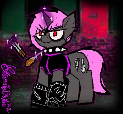 Size: 698x650 | Tagged: safe, artist:bunnielovesyou, derpibooru import, oc, oc:ivy crystals, unofficial characters only, pony, unicorn, arm warmers, clothes, collar, drugs, female, heroin, image, magic, needle, photo, png, red eyes, solo, spiked collar, spoon, syringe