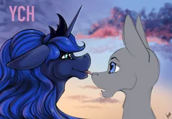 Size: 2360x1640 | Tagged: safe, artist:stirren, derpibooru import, princess luna, oc, pony, bust, commission, duo, heart eyes, image, licking, mlem, nose lick, png, portrait, scenery, silly, sky, tongue out, wingding eyes, your character here