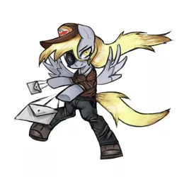 Size: 1200x1200 | Tagged: safe, artist:menalia, derpibooru import, derpy hooves, pegasus, pony, cap, clothes, danganronpa, eyepatch, hat, image, letter, mail, pants, png, shoes, simple background, sweater, white background