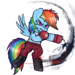 Size: 1200x1200 | Tagged: safe, artist:menalia, derpibooru import, rainbow dash, pegasus, pony, angry, boxing gloves, boxing shoes, clothes, danganronpa, image, pants, png, shoes, simple background, white background