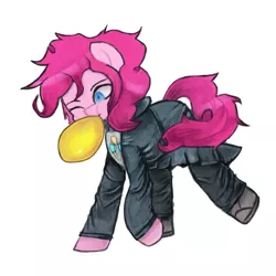 Size: 1200x1200 | Tagged: safe, artist:menalia, derpibooru import, pinkie pie, earth pony, pony, balloon, clothes, danganronpa, hoodie, image, one eye closed, pants, png, shoes, simple background, white background