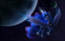 Size: 1967x1243 | Tagged: safe, artist:carencake, derpibooru import, princess luna, alicorn, pony, eyes closed, female, image, jpeg, mare, moon, motion blur, no mouth, planet, solo, space, spread wings, wings