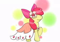Size: 842x595 | Tagged: safe, artist:up_p_ab, derpibooru import, apple bloom, earth pony, pony, make new friends but keep discord, clothes, dress, eyes closed, female, filly, flower, foal, gala dress, image, jpeg, raised hoof, simple background, solo