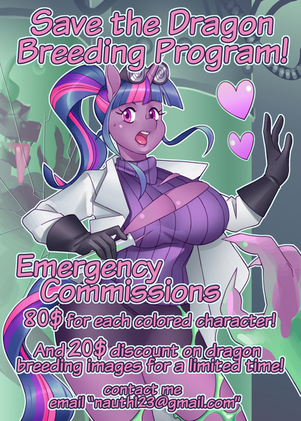 Size: 2500x3500 | Tagged: suggestive, artist:nauth, derpibooru import, spike, twilight sparkle, anthro, advertisement, breasts, busty twilight sparkle, celestia's dragon breeding program, clone, clothes, commission, commission info, image, jpeg, lab coat, laboratory, sexy, torn clothes