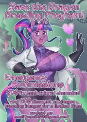 Size: 2500x3500 | Tagged: suggestive, artist:nauth, derpibooru import, spike, twilight sparkle, anthro, advertisement, breasts, busty twilight sparkle, celestia's dragon breeding program, clone, clothes, commission, commission info, image, jpeg, lab coat, laboratory, sexy, torn clothes