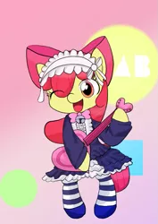 Size: 595x842 | Tagged: safe, artist:up_p_ab, derpibooru import, apple bloom, earth pony, pony, adorabloom, bell, bell collar, bipedal, clothes, collar, cute, eye clipping through hair, female, filly, foal, guitar, happy, heart, image, maid, musical instrument, one eye closed, png, simple background, socks, solo, stockings, striped socks, thigh highs, wink