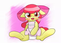 Size: 1024x736 | Tagged: safe, artist:up_p_ab, derpibooru import, apple bloom, earth pony, pony, apron, blushing, clothes, embarrassed, female, filly, foal, image, jpeg, looking at you, panties, spread legs, spreading, underwear
