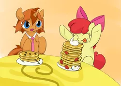 Size: 842x595 | Tagged: safe, artist:up_p_ab, derpibooru import, apple bloom, oc, oc:eel, earth pony, pony, unicorn, :p, adorabloom, cute, female, filly, foal, food, happy, image, male, necktie, pancakes, png, stallion, strawberry, table, tongue out, whipped cream