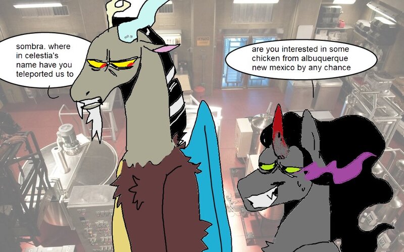Size: 1019x636 | Tagged: safe, artist:ghoulhowls, derpibooru import, discord, king sombra, draconequus, unicorn, breaking bad, dialogue, discord is not amused, grin, horn, image, jpeg, smiling, teleportation, unamused