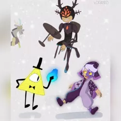 Size: 1080x1080 | Tagged: safe, derpibooru import, discord, amphibia, armor, bill cipher, blue fire, bowtie, chaos, cloak, clothes, collector, crossover, darcy wu, digital art, fire, floating, gravity falls, grin, hat, horn, horns, image, jpeg, male, reality warper, signature, sitting, smiling, table, the collector, the owl house, top hat