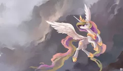 Size: 3910x2260 | Tagged: safe, artist:ajvl, derpibooru import, princess celestia, alicorn, pony, cloud, cloudy, female, flying, frown, high res, hoof shoes, image, jewelry, lidded eyes, looking back, mare, peytral, png, sky, solo, spread wings, tiara, wing fluff, wings