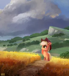 Size: 1550x1700 | Tagged: safe, artist:ajvl, derpibooru import, applejack, earth pony, pony, female, image, mare, png, scenery, smiling, solo