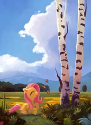Size: 1063x1464 | Tagged: safe, artist:ajvl, derpibooru import, fluttershy, butterfly, insect, pegasus, pony, birch, cloud, cute, eyes closed, female, field, forest, grass, image, mare, meadow, png, rearing, scenery, sky, smiling, solo, tree