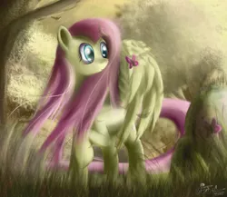 Size: 2250x1949 | Tagged: dead source, safe, alternate version, artist:ajvl, derpibooru import, fluttershy, butterfly, insect, pegasus, pony, female, image, jpeg, mare, solo, tree