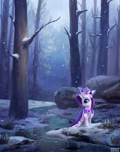 Size: 1500x1891 | Tagged: safe, alternate version, artist:ajvl, derpibooru import, princess platinum, rarity, pony, unicorn, 2014, cloak, clothes, crown, female, forest, image, jewelry, jpeg, mare, regalia, river, scenery, scenery porn, smiling, snow, snowfall, solo, tree, water