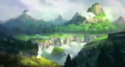 Size: 1682x900 | Tagged: safe, alternate version, artist:ajvl, derpibooru import, angel bunny, rabbit, animal, cliff, cloud, fog, forest, grass, image, mountain, png, river, scenery, scenery porn, tree, wallpaper, waterfall