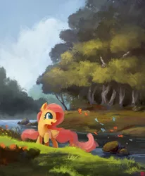 Size: 1500x1822 | Tagged: safe, alternate version, artist:ajvl, derpibooru import, fluttershy, butterfly, insect, pegasus, pony, cloud, female, grass, image, mare, open mouth, png, river, scenery, sky, solo, stream, tree, water