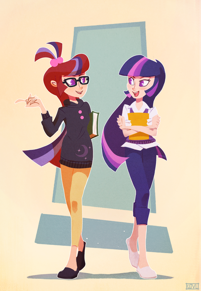 Size: 1400x2023 | Tagged: safe, alternate version, artist:ajvl, derpibooru import, moondancer, twilight sparkle, human, amending fences, book, clothes, duo, female, glasses, humanized, image, looking at each other, looking at someone, open mouth, pants, png, shirt, shoes, sweater