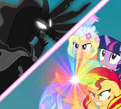 Size: 2000x1800 | Tagged: safe, artist:boogeyboy1, derpibooru import, megan williams, pony of shadows, sunset shimmer, twilight sparkle, alicorn, human, pony, unicorn, shadow play, alicornified, angry, beast, blast, clothes, death stare, defending, dress, fight, froufrou glittery lacy outfit, glare, gritted teeth, hat, hennin, image, laser, magic, magic aura, magic blast, omg, png, princess, protecting, race swap, scared, shimmercorn, shocked, shocked expression, teeth, unicorn twilight, what the hay?, wtf