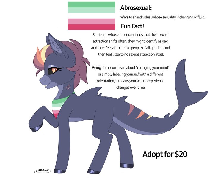 Size: 2048x1676 | Tagged: safe, artist:melodytheartpony, derpibooru import, oc, original species, shark, shark pony, abrosexual, adoptable, cute, facts, female, feral, fins, gills, image, jpeg, pride flag, pride month, signature, simple background, slit pupils, stripes, white background