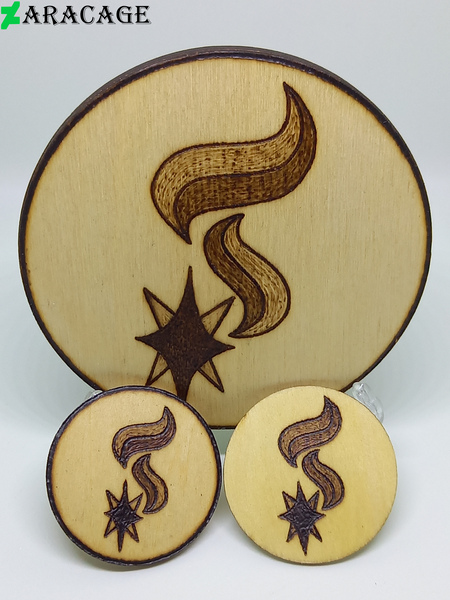 Size: 3000x4000 | Tagged: safe, artist:aracage, derpibooru import, starlight glimmer, badge, coaster, cutie mark, image, irl, jpeg, no pony, photo, pyrography, traditional art