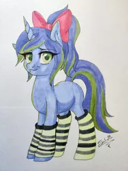 Size: 1125x1500 | Tagged: safe, artist:unisoleil, derpibooru import, oc, pony, unicorn, bow, clothes, female, hair bow, image, mare, png, socks, solo, striped socks, traditional art