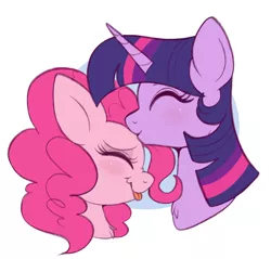 Size: 932x891 | Tagged: safe, artist:lulubell, derpibooru import, pinkie pie, twilight sparkle, twilight sparkle (alicorn), alicorn, earth pony, pony, bust, cute, eyes closed, female, forehead kiss, image, kissing, lesbian, mare, png, shipping, tongue out, twinkie