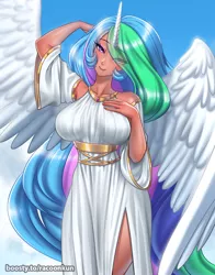 Size: 943x1200 | Tagged: safe, artist:racoonsan, derpibooru import, princess celestia, human, bare shoulders, big breasts, breasts, busty princess celestia, clothes, dress, eye clipping through hair, hair over one eye, horn, horned humanization, humanized, image, jpeg, looking at you, smiling, smiling at you, solo, winged humanization, wings