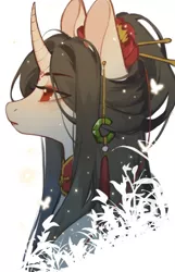 Size: 712x1107 | Tagged: safe, artist:xieyanbbb, derpibooru import, oc, oc:rouge embroidery, butterfly, insect, pony, unicorn, anime style, bipedal, brown hair, bust, collar, ear piercing, earring, eyeshadow, facial markings, flower, flower in hair, hair accessory, image, jade, japanese, jewelry, jpeg, long hair, makeup, moon runes, necklace, piercing, red eyes, semi-realistic, simple background, white background