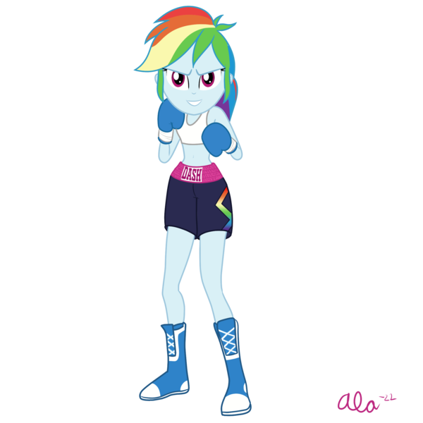 Size: 2000x2000 | Tagged: safe, artist:alamarus, derpibooru import, rainbow dash, human, equestria girls, boots, boxing, boxing gloves, boxing shorts, clothes, female, grin, image, looking at you, png, shoes, signature, simple background, smiling, smiling at you, solo, sports, sports bra, transparent background, vector