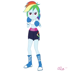 Size: 2000x2000 | Tagged: safe, artist:alamarus, derpibooru import, rainbow dash, human, equestria girls, boots, boxing, boxing gloves, boxing shorts, clothes, female, grin, image, looking at you, png, shoes, signature, simple background, smiling, smiling at you, solo, sports, sports bra, transparent background, vector