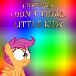 Size: 5000x5000 | Tagged: safe, artist:nsaiuvqart, artist:poniesmemes, derpibooru import, scootaloo, pegasus, pony, colorful background, female, filly, foal, image, png, scared, text