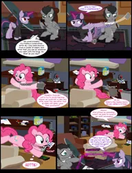 Size: 1042x1358 | Tagged: safe, artist:dendoctor, derpibooru import, doctor whooves, mean twilight sparkle, pinkie pie, time turner, twilight sparkle, twilight sparkle (alicorn), alicorn, pegasus, pony, comic:clone.., alternate universe, bits, blast, book, clone, colored pencils, comic, discord whooves, discorded whooves, female, glow, glowing horn, horn, image, jar, jpeg, magic, magic beam, magic blast, male, paper, pencil, pinkie clone, quill, red eyes, swear jar, test tube