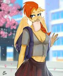 Size: 3284x3916 | Tagged: safe, artist:melkaya, derpibooru import, oc, oc:goldenflow, unofficial characters only, anthro, classical hippogriff, hippogriff, backpack, braid, breasts, cherry blossoms, cleavage, clothes, detailed background, female, flower, flower blossom, image, png, school uniform, schoolgirl, schoolgirl toast, skirt, solo, wings