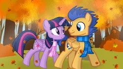 Size: 1280x720 | Tagged: safe, artist:mlplary6, derpibooru import, flash sentry, twilight sparkle, twilight sparkle (alicorn), alicorn, pegasus, pony, autumn, clothes, female, flashlight, forest, image, leaves, looking at each other, looking at someone, male, mare, png, scarf, shipping, smiling, smiling at each other, stallion, straight, tree