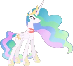 Size: 708x636 | Tagged: artist needed, safe, derpibooru import, princess celestia, alicorn, pony, angry, crown, female, folded wings, full body, gritted teeth, hoof shoes, hooves, horn, image, injured, jewelry, mare, png, regalia, scar, simple background, solo, spoiler, spoilers for a roleplay plot, standing, teeth, transparent background, wings